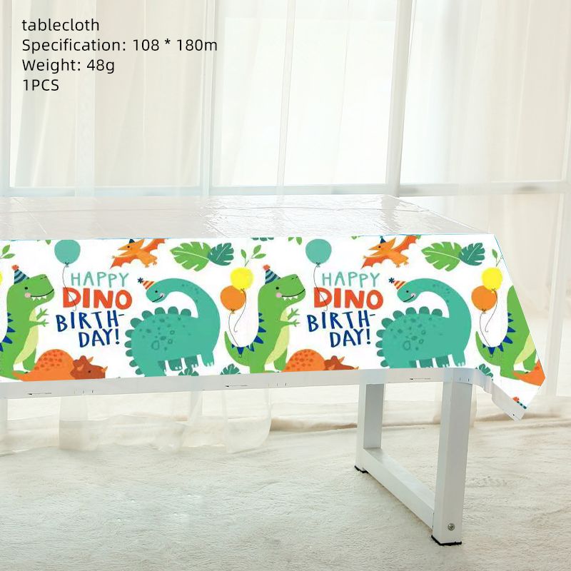 Dinosaur Happy Birthday tablecloth with different colour dinosaurs