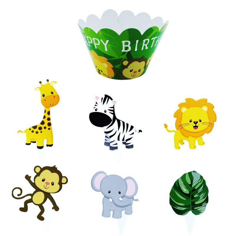 wild one animals with birthday cupcake holders and six animal toppers