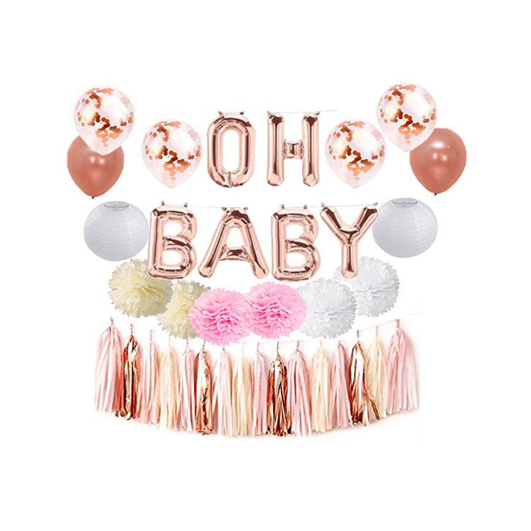 rose gold oh baby foil balloon with tassels and paper fans pink white and ivory