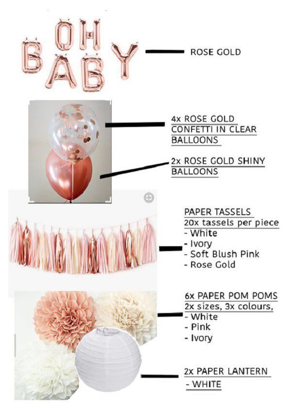 contents of baby shower rose gold kit tassels paper fans with oh baby foil balloon and latex balloons 