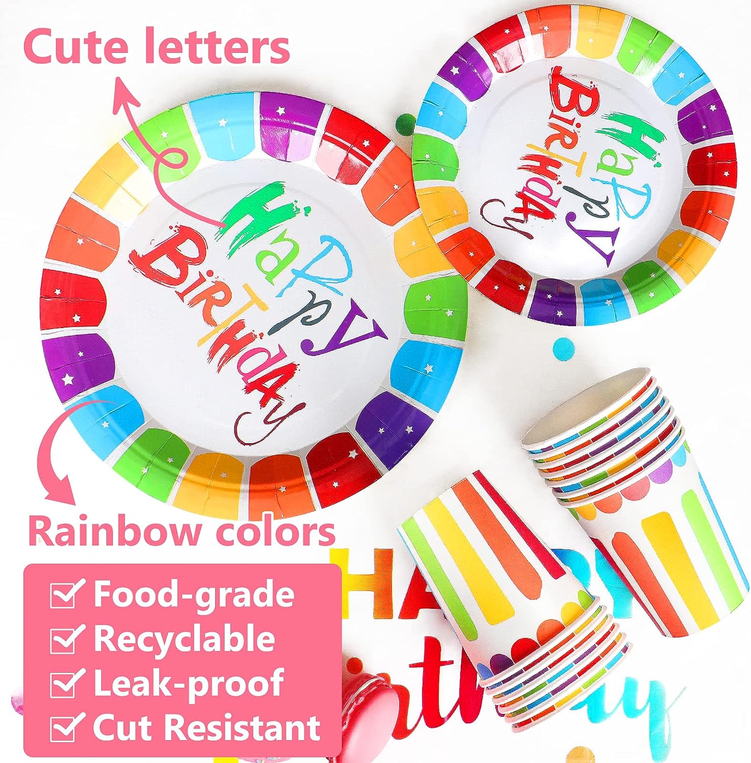 rainbow happy birthday plates and cups set 