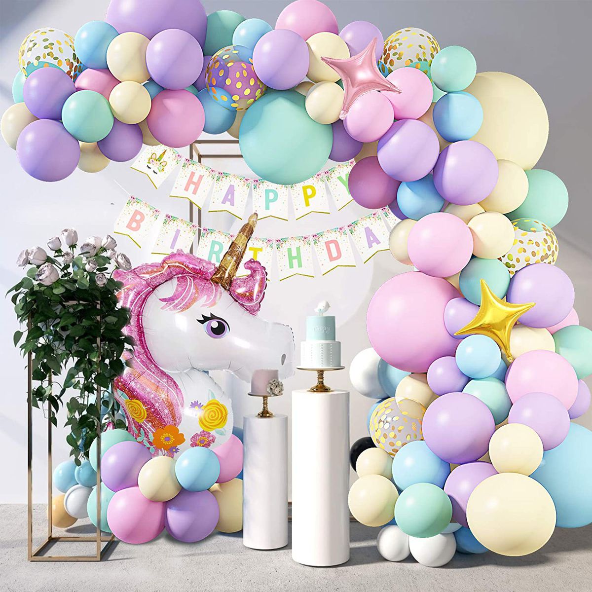 shimmer and confetti unicorn balloon arch with foil unicorn balloon on display